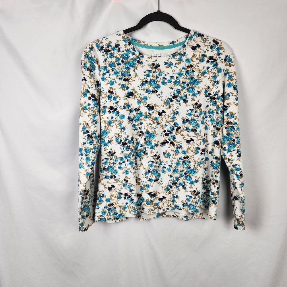 Basic Editions Womens Long Sleeve Blue‎ Floral Top Round Neck Size Large
